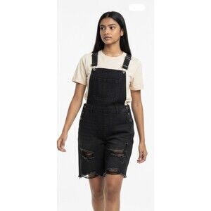 Kids Black Denim Overall Shorts Unisex Size 11-12Y Distressed